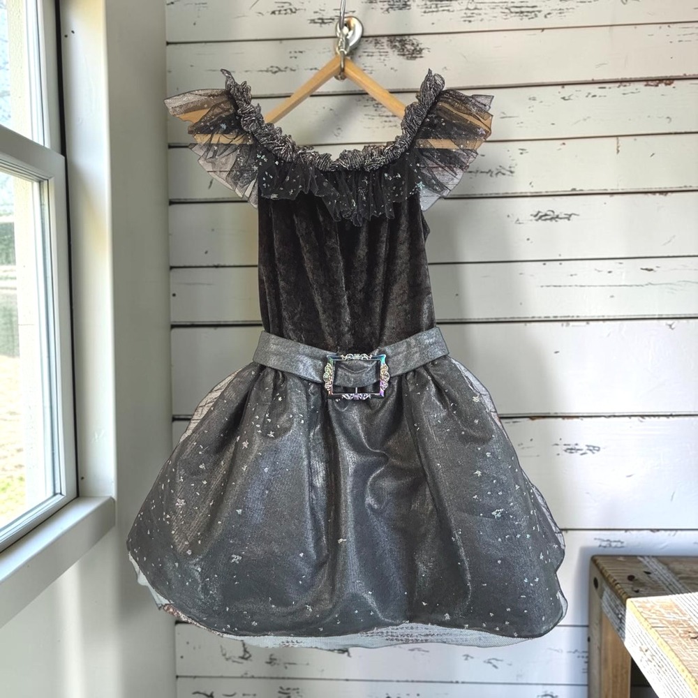 Girl's Witch Costume Dress Spirit Halloween S Black Silver Velvet Tulle Metallic